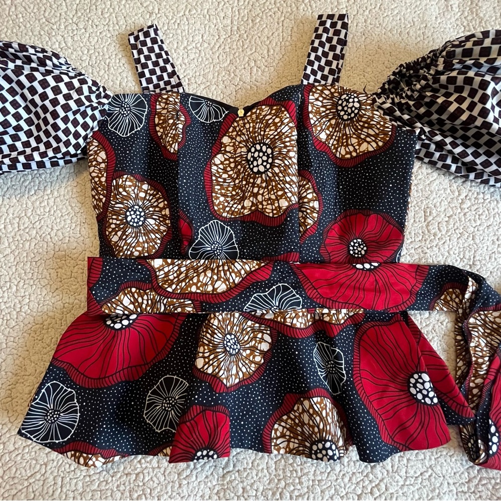 Homemade Custom Off Shoulder Top - Red‎ & Black Cinch Waist Puff Sleeves - Picture 2 of 13